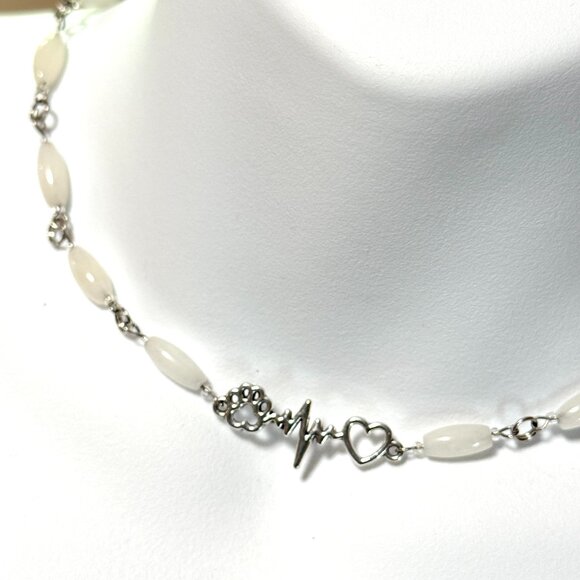 Genuine Milky Quartz Short Necklace, Gemstone w/ Paw Print Heart Beat Pendant - Picture 1 of 15